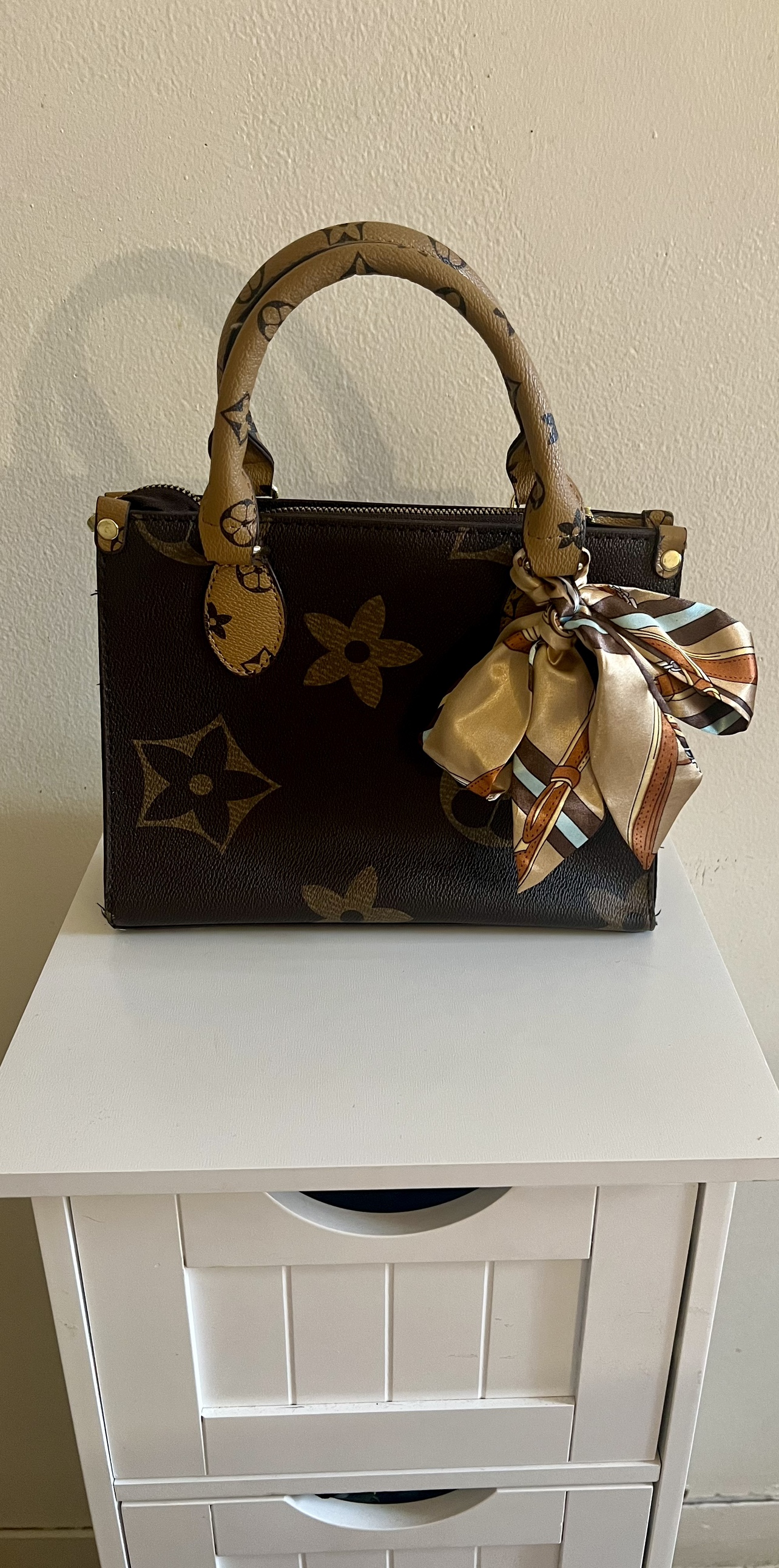 Brown and Beige Handbag with Scarf