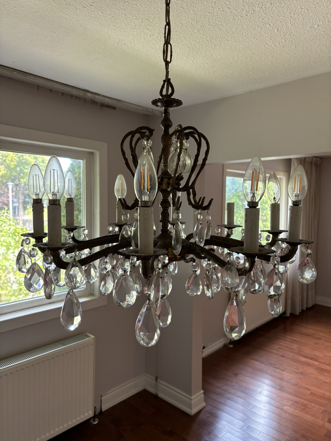 Vintage Brass Chandelier with Crystal Drops