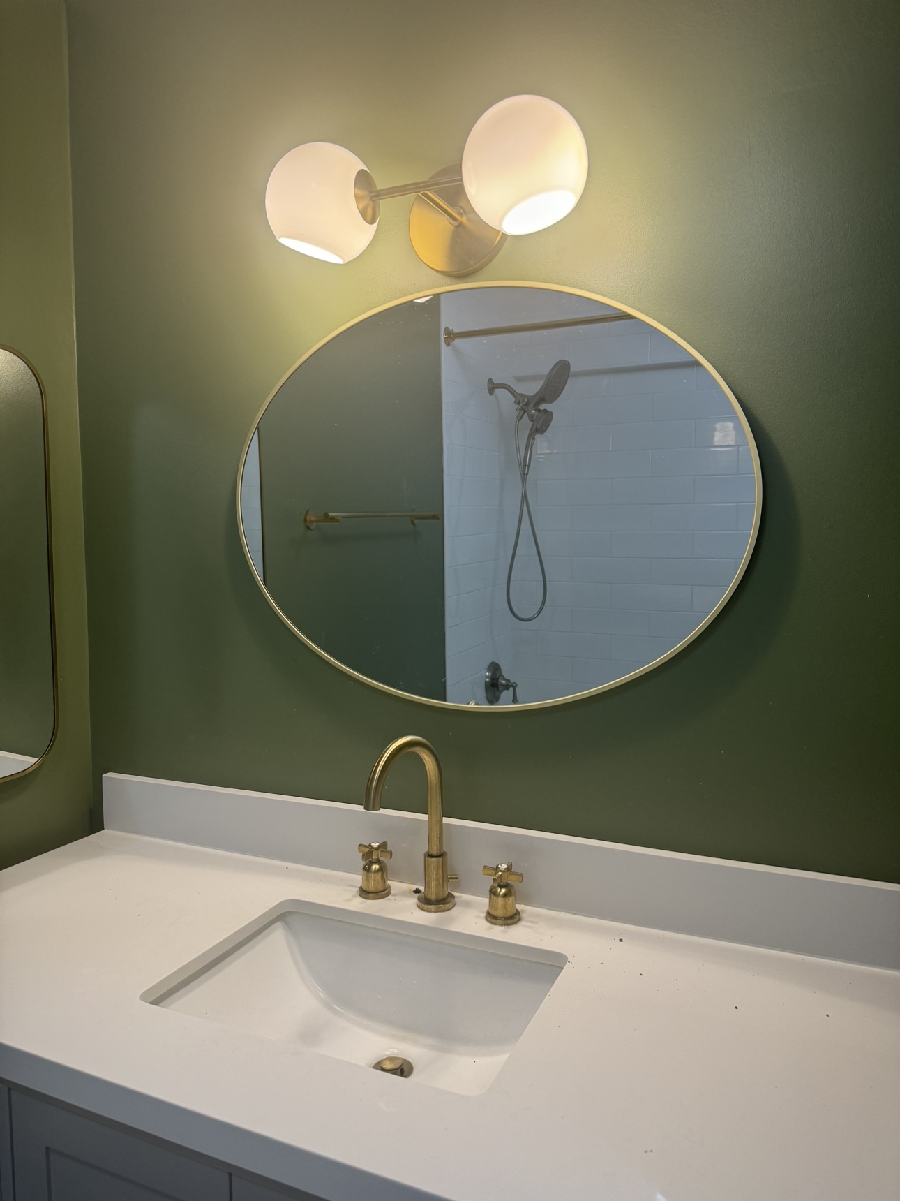 Mid-Century Modern Brass Bathroom Vanity Light Fixture & Mirror - photo 2