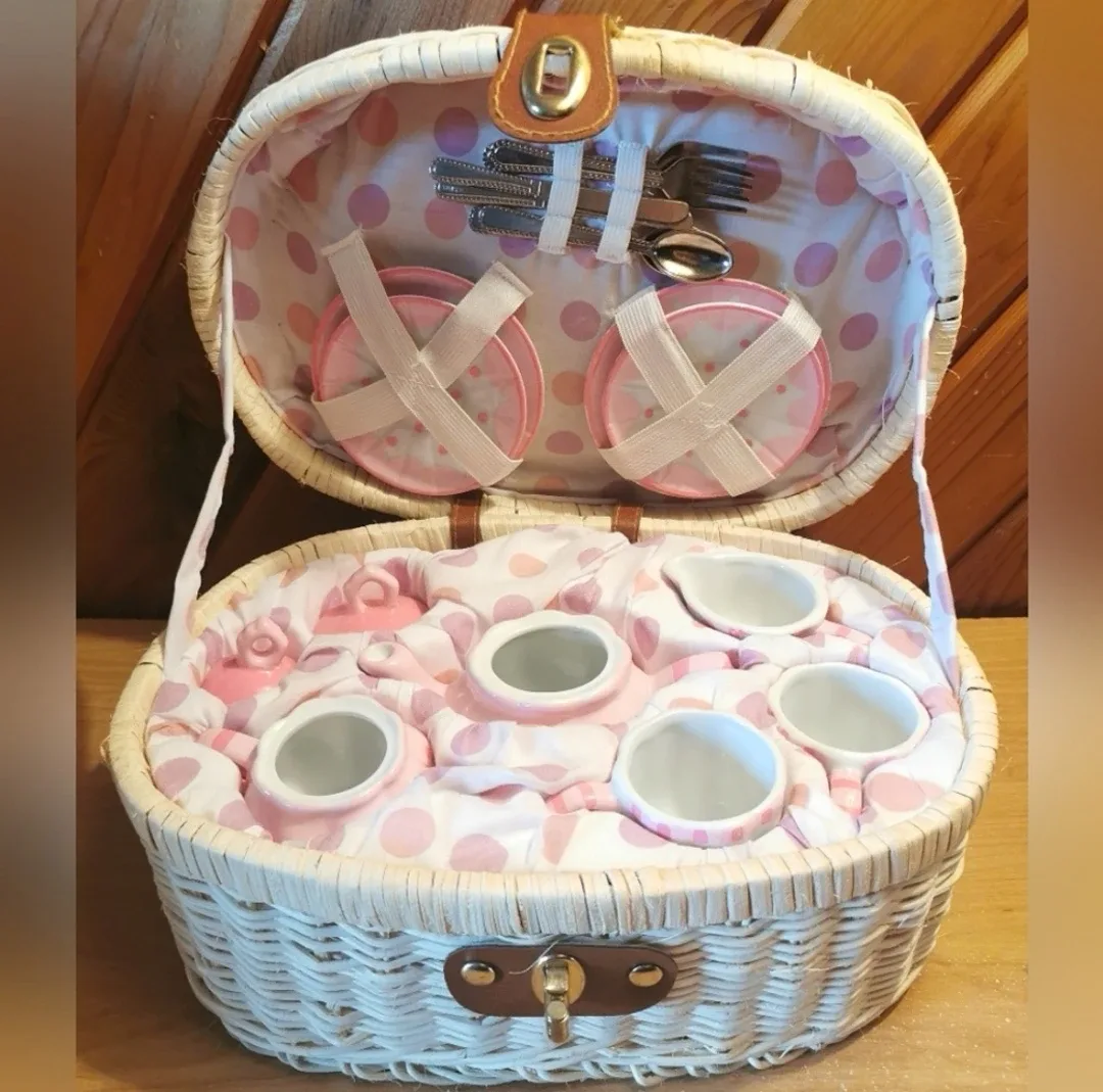 Miniature Porcelain Tea Set In Wicker Basket thumbnail