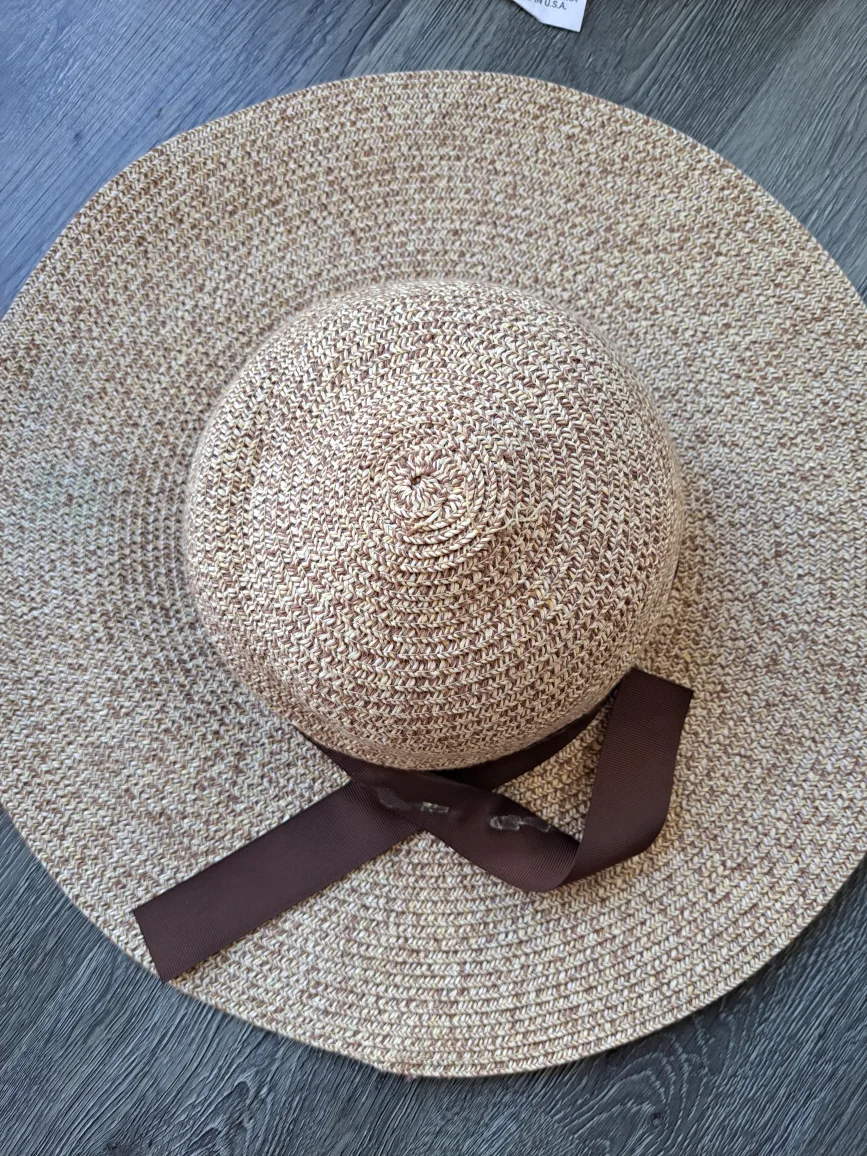 Wide Brim Straw Hat with Brown Ribbon thumbnail