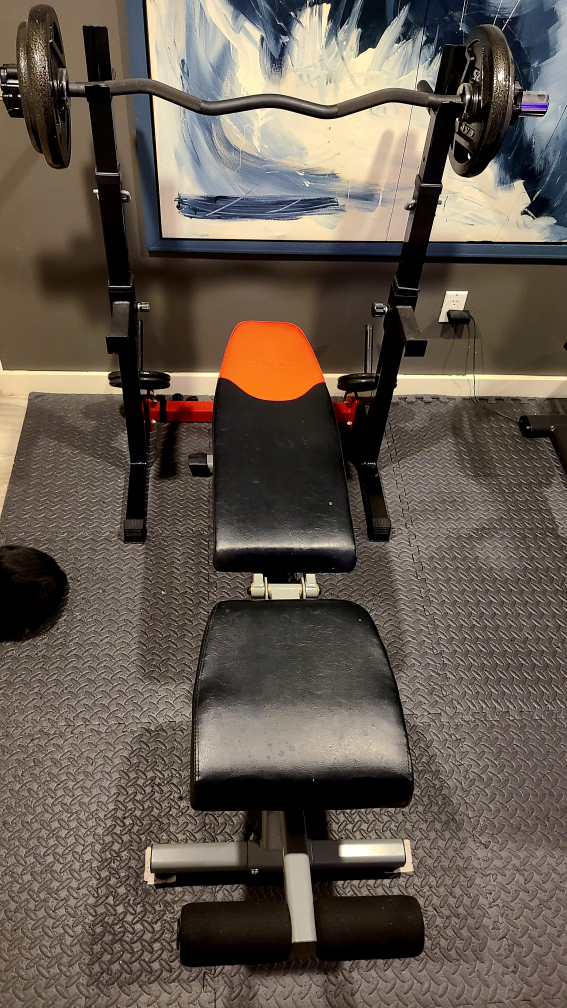 Bowflex Weight Bench, barbell, and weights
