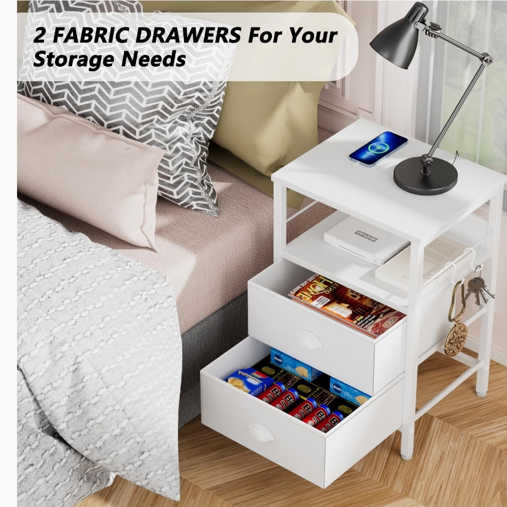 White Nightstand with Drawers and Outlets - photo 4