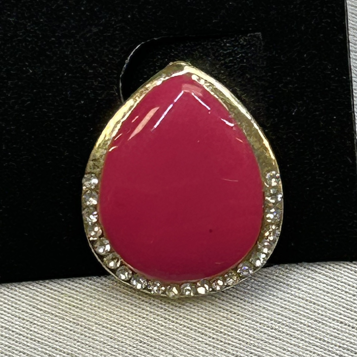 Vintage 90s Pink Enamel Gold Tone Teardrop Earrings Rhinestones - photo 2