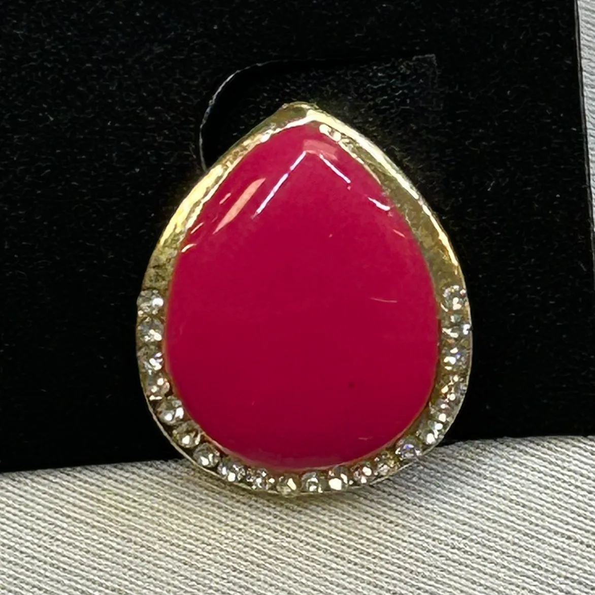 Vintage 90s Pink Enamel Gold Tone Teardrop Earrings Rhinestones image indicator(2)