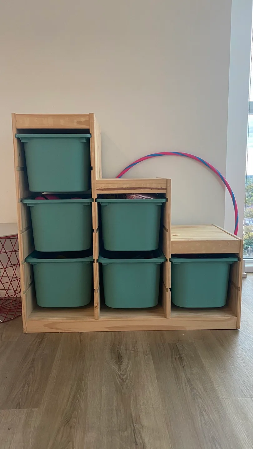 Ikea shelves with plastic cubbies thumbnail