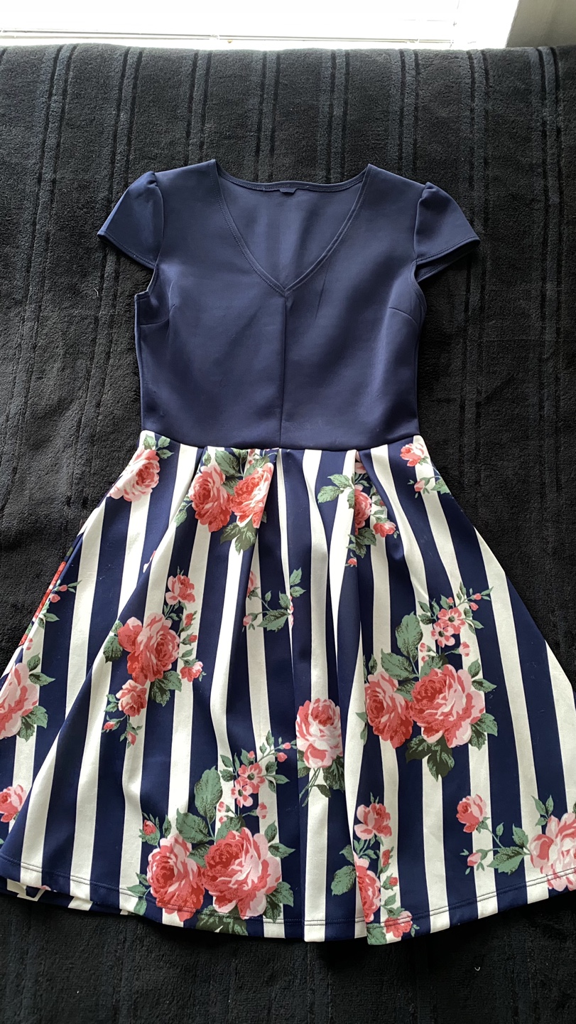 Navy and Floral Striped Dress