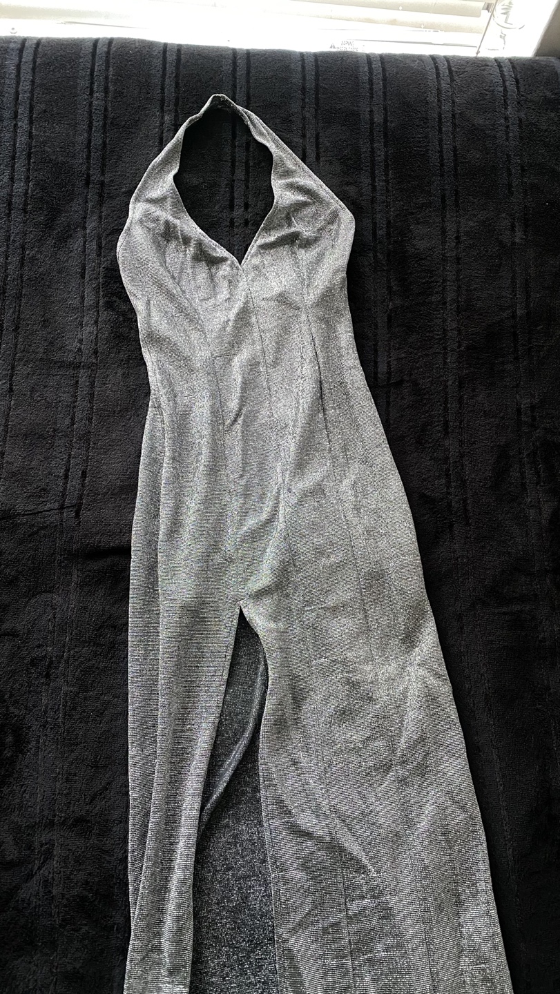 Silver Mesh Halter Maxi Dress With Leg Slit