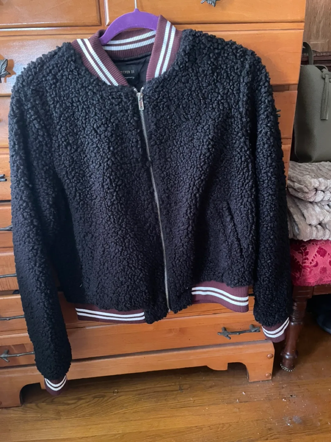 Forever 21 Fuzzy Bomber Jacket thumbnail