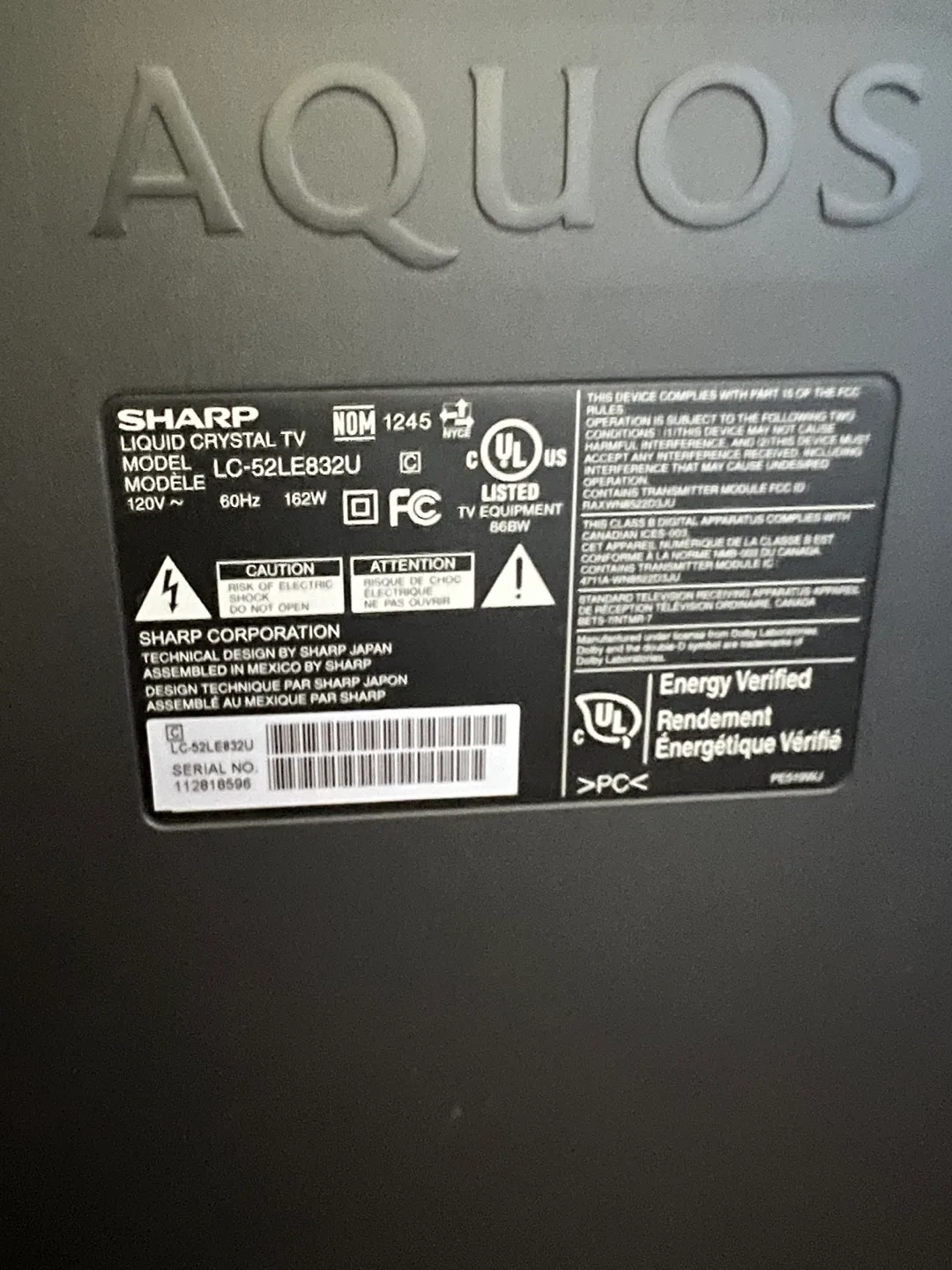 Sharp Aquos 55” LCD TV image indicator(2)