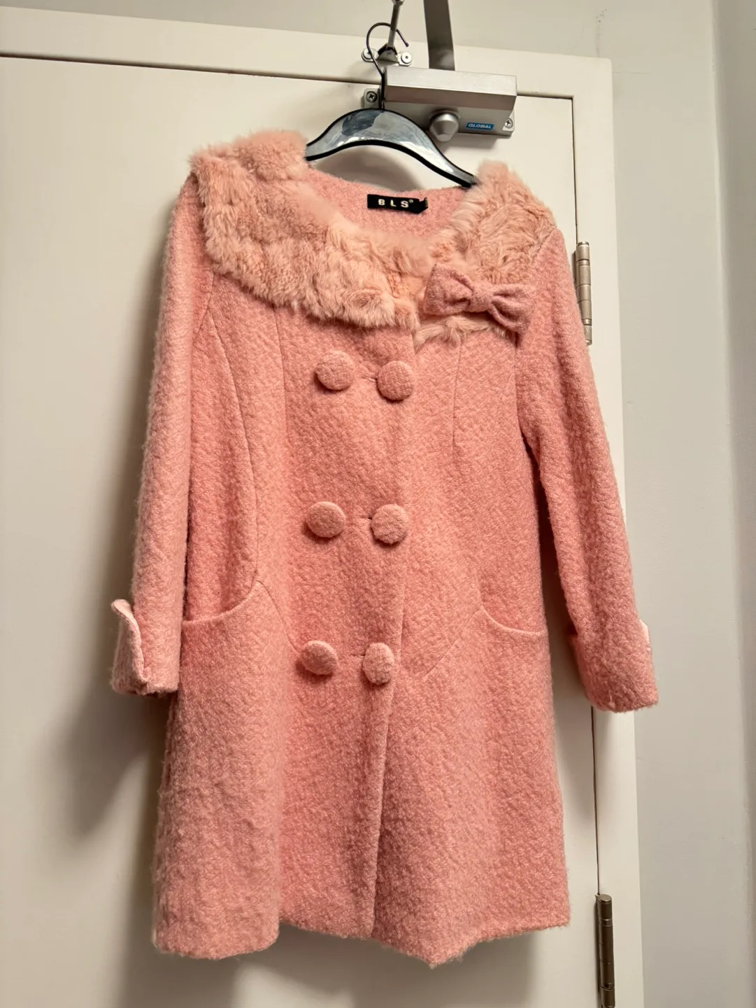 Pink faux fur collar tweed overcoat thumbnail