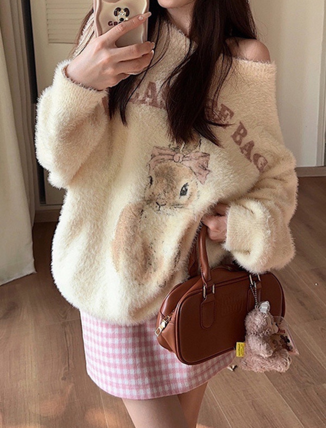 Fuzzy White Sweater with Bunny Design