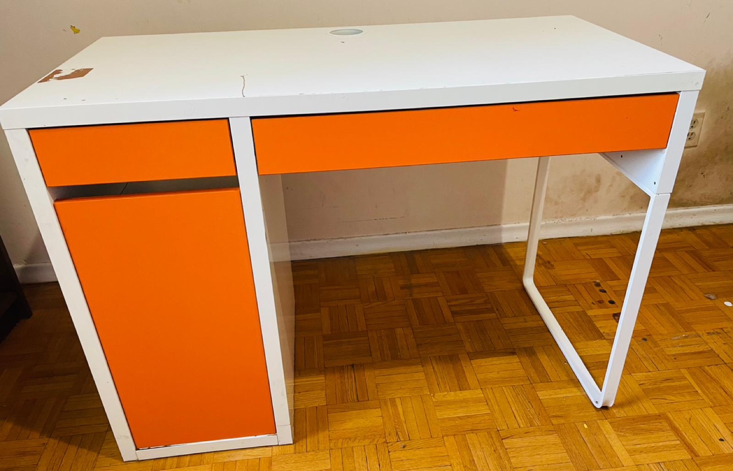 White and Orange Desk with Drawers and Cabinet