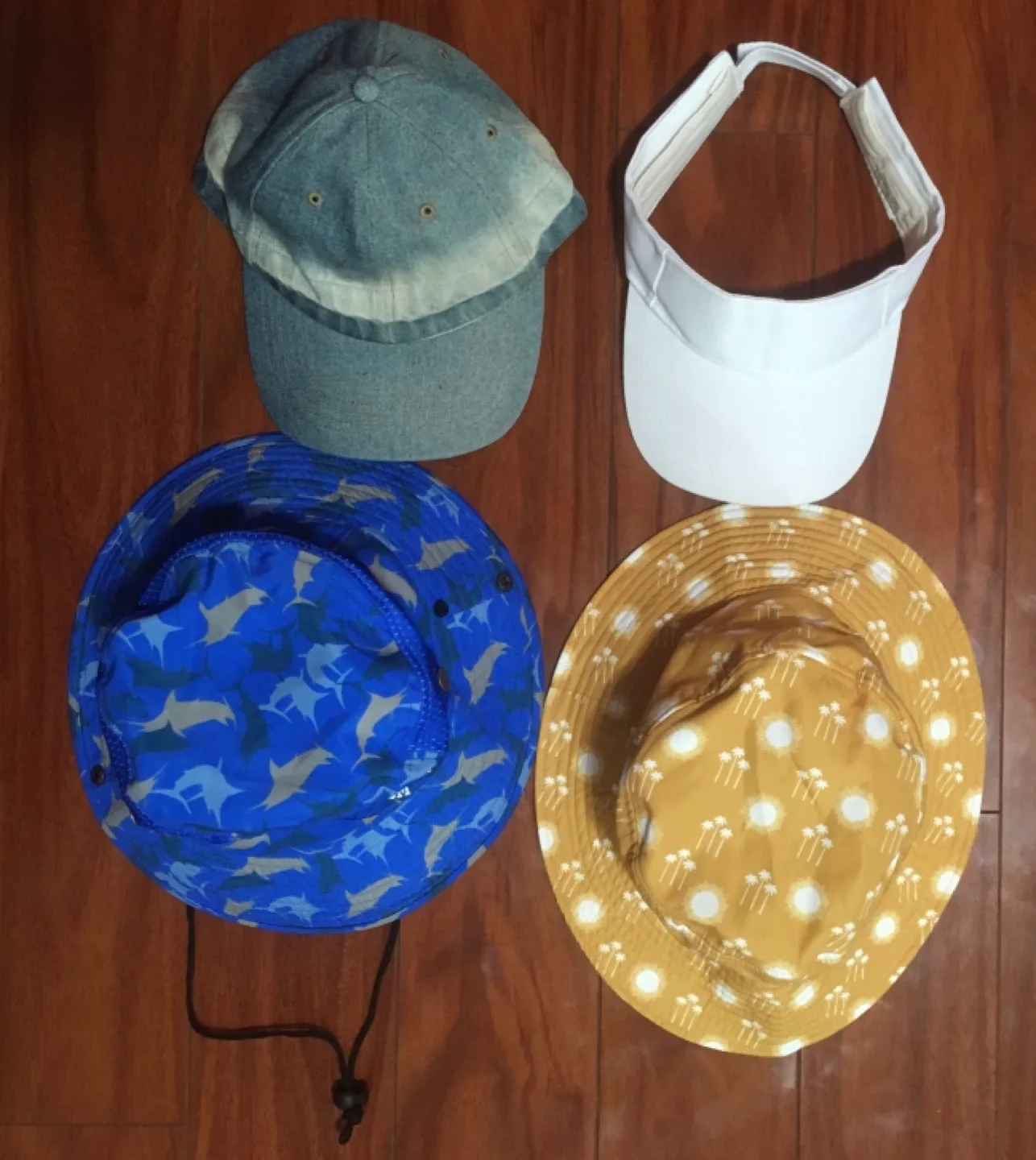 4 Hats Yellow & Blue Bucket Hats, Denim Cap & White Tennis Caps thumbnail