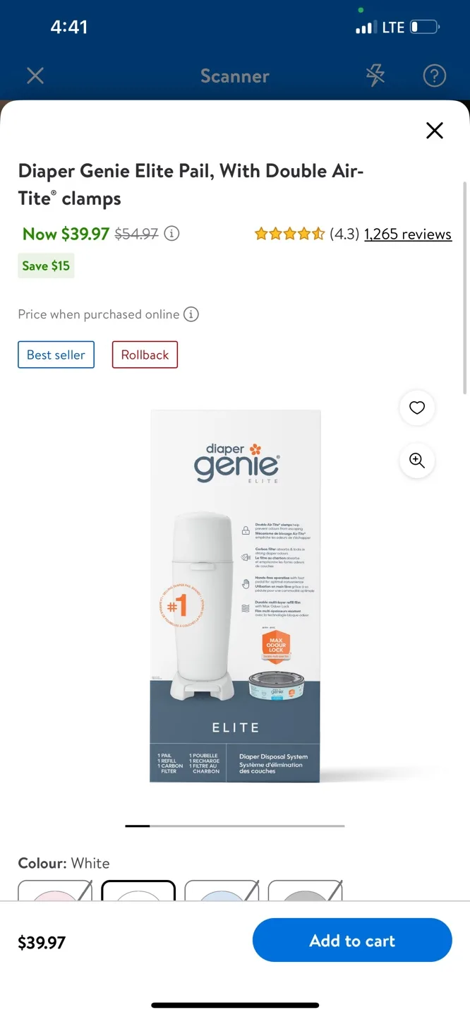 Diaper Genie Elite Pail, With Double Air-Tite Clamps thumbnail