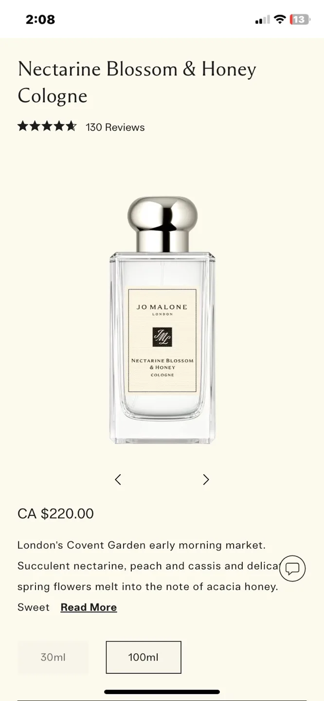 Jo Malone Nectarine Blossom & Honey Cologne 100ml thumbnail