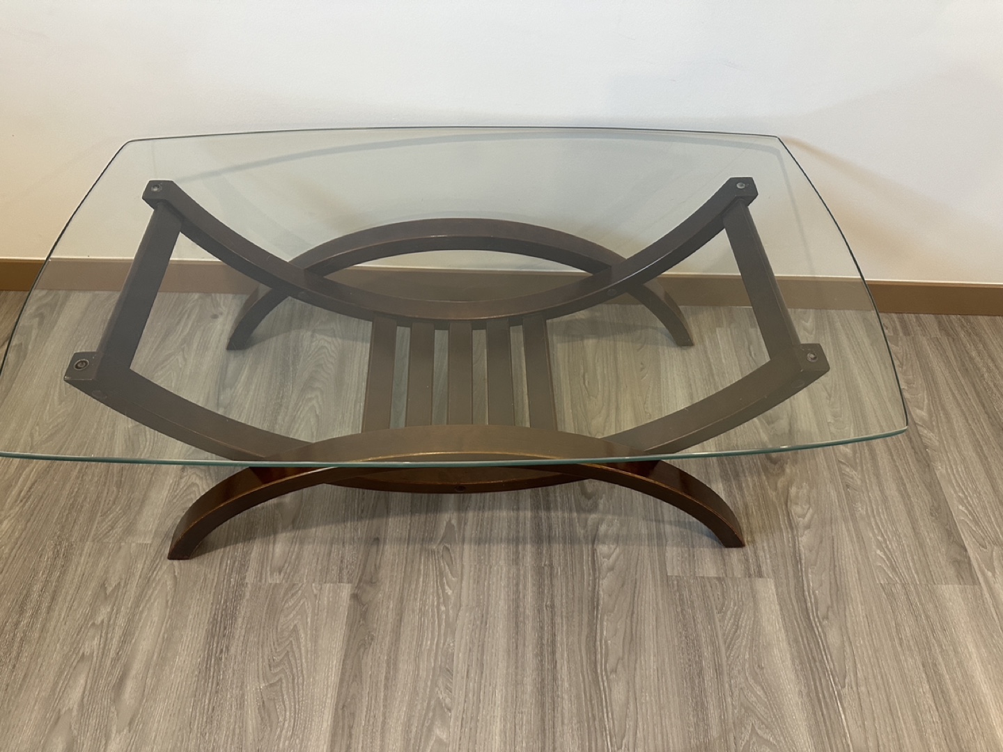 Glass Top Coffee Table with Curved Wooden Base - photo 2
