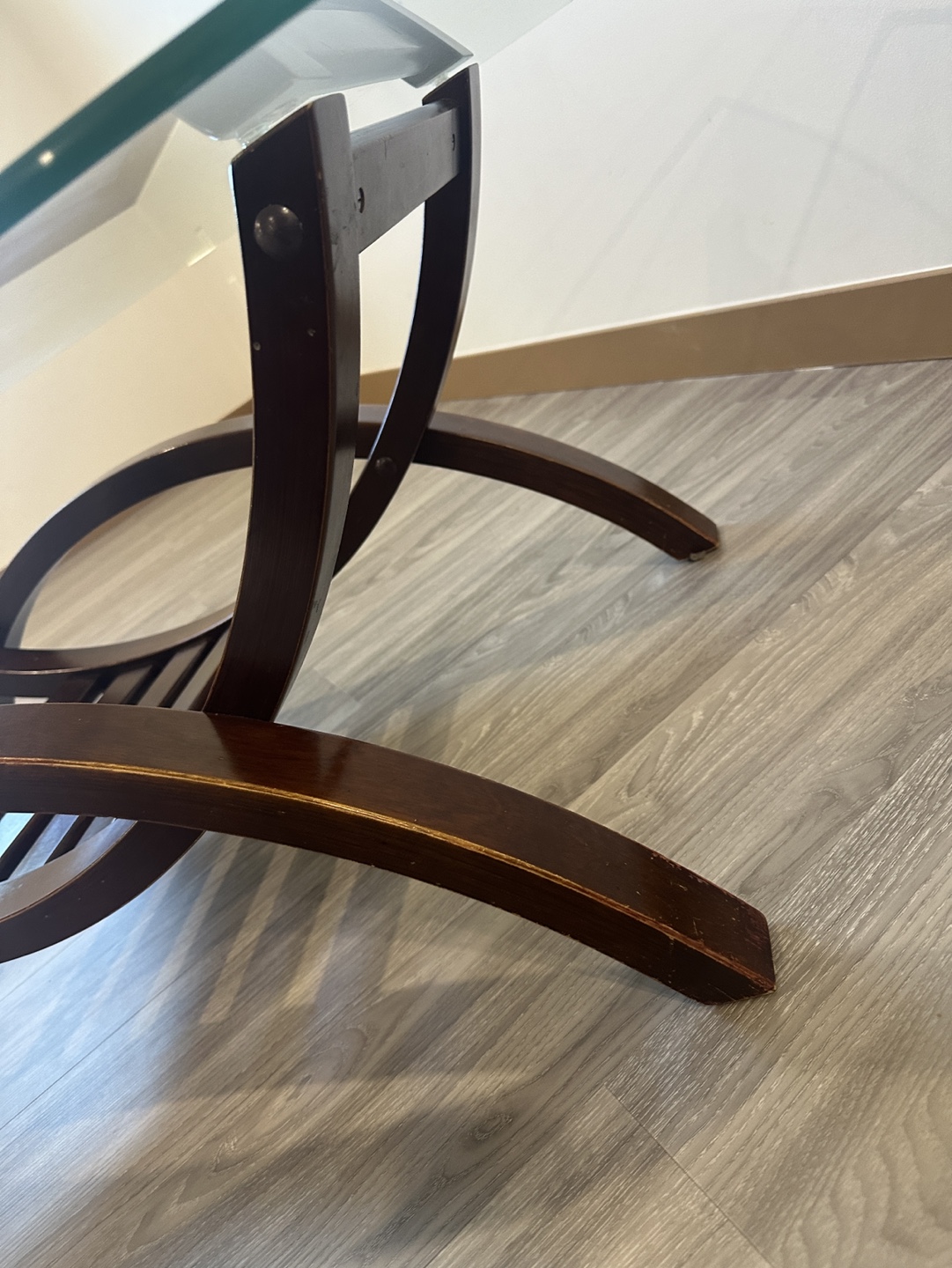 Glass Top Coffee Table with Curved Wooden Base - photo 3