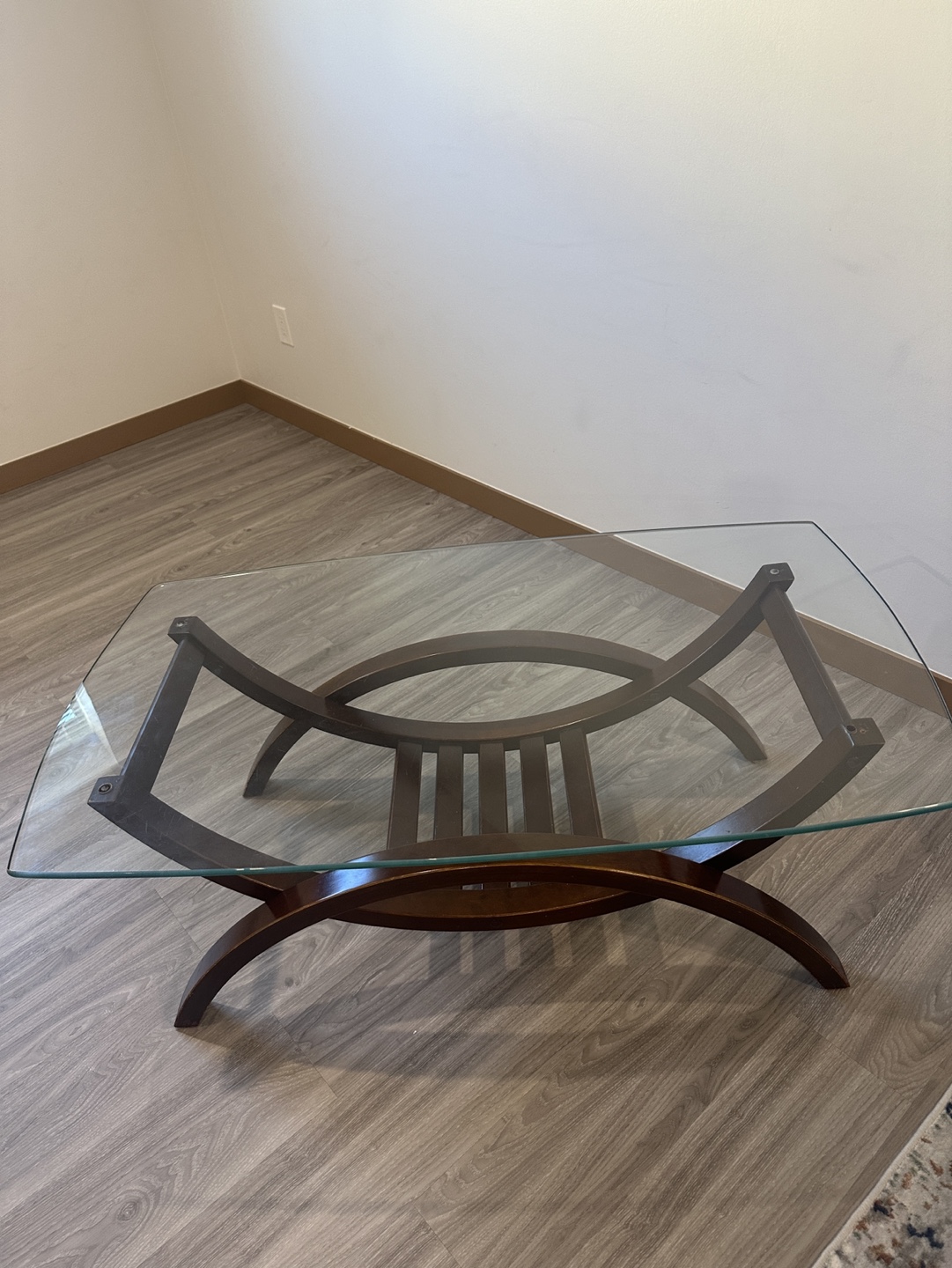 Glass Top Coffee Table with Curved Wooden Base