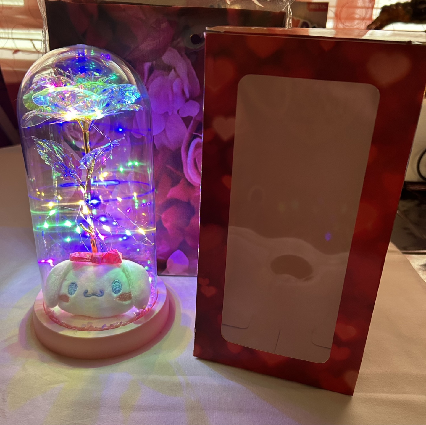LED Rose in Glass Dome with cinnamon roll plush