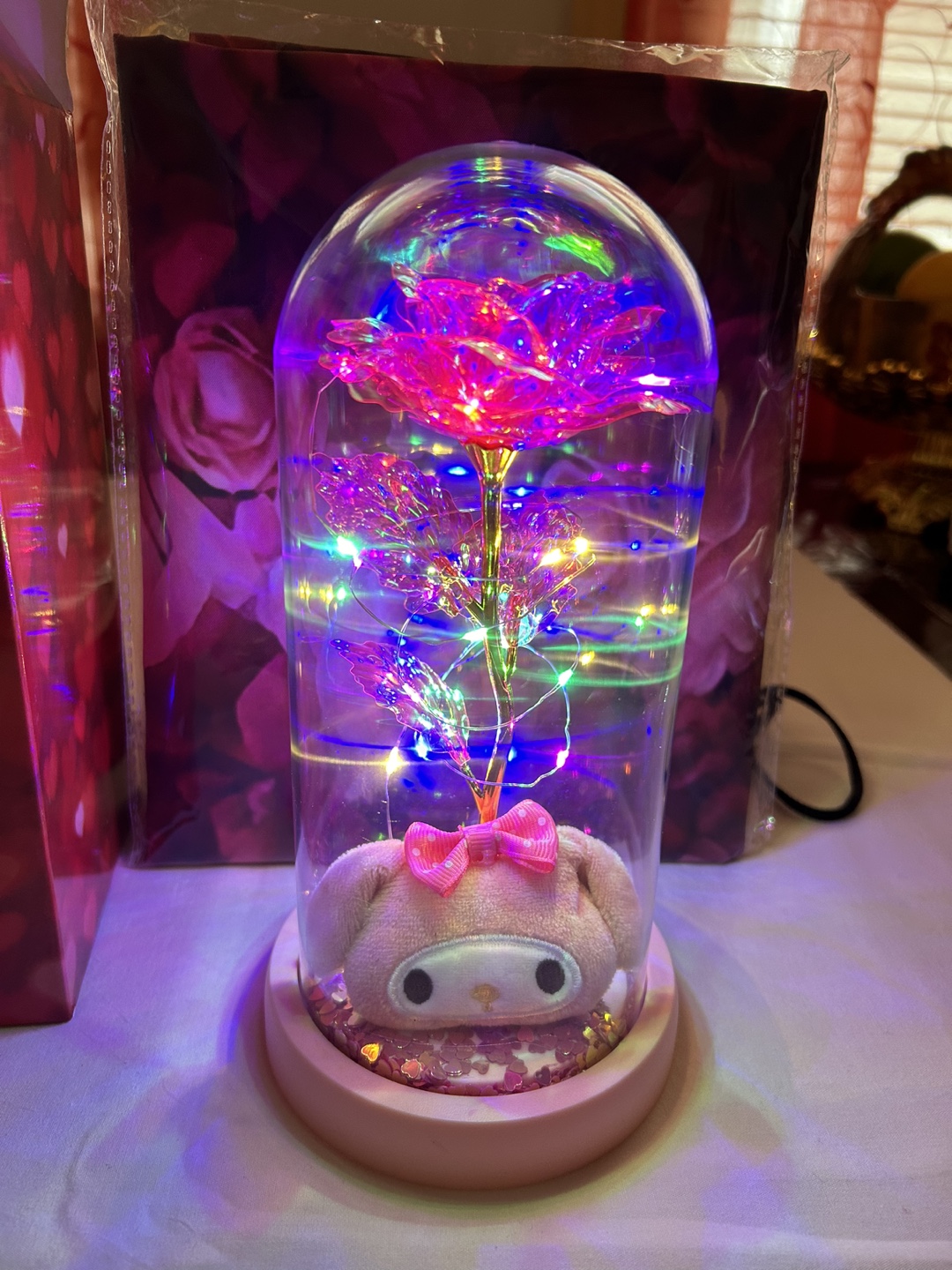 LED Rose in Glass Dome with Stuffed Animal