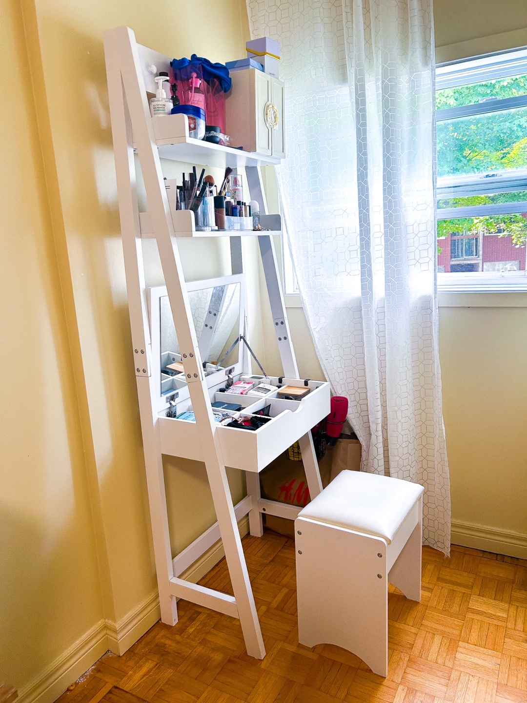 White Vanity Desk with Stool and Mirror