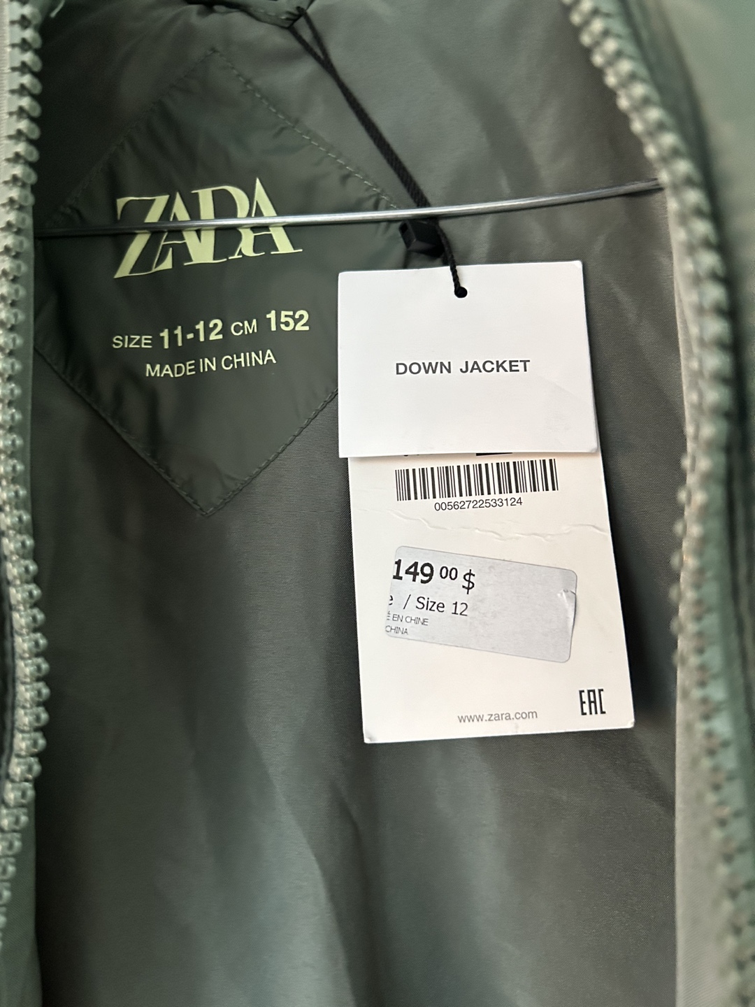 ZARA Green Down Jacket Size 12
