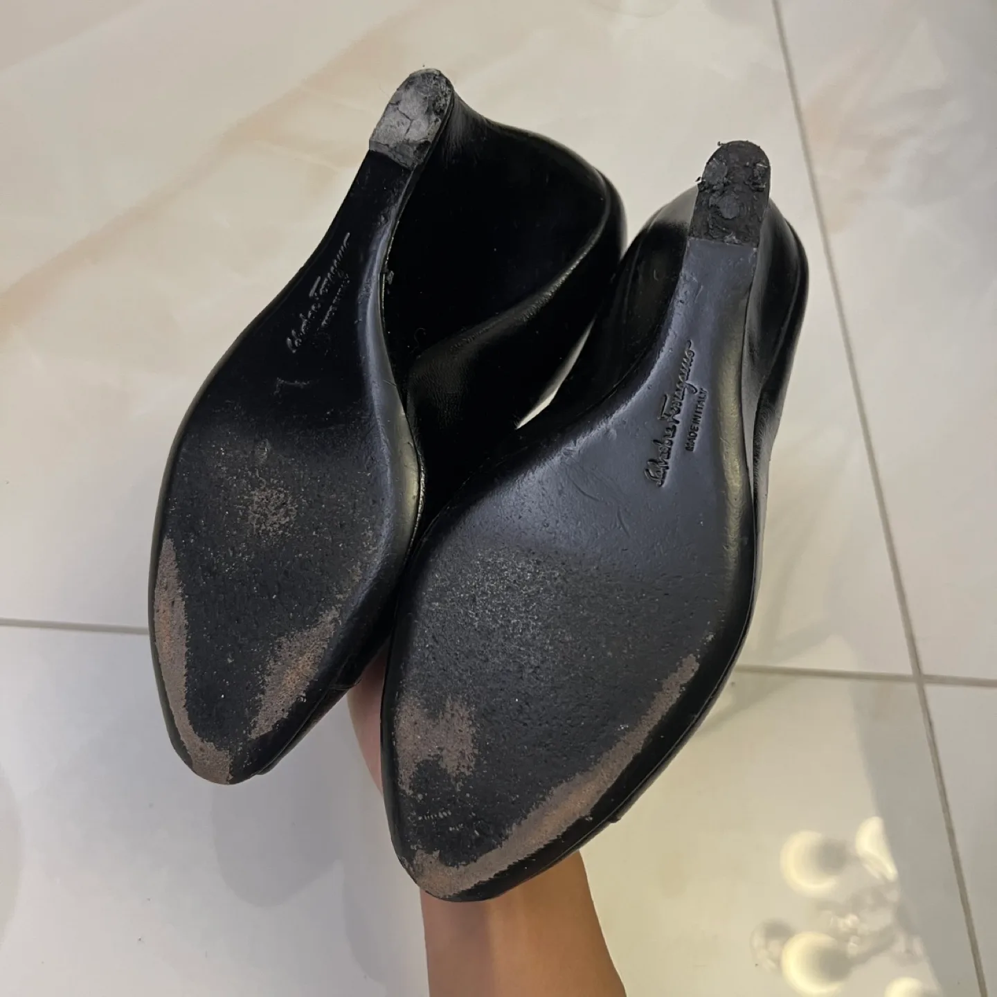 Salvatore Ferragamo Black Leather Wedge Heels Size 7 image indicator(5)