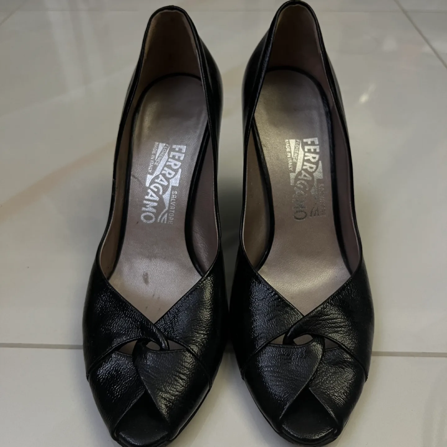 Salvatore Ferragamo Black Leather Wedge Heels Size 7 image indicator(6)