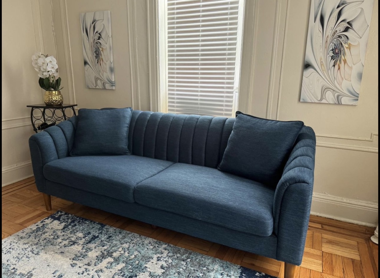 Blue Velvet Channel Back Sofa - photo 3