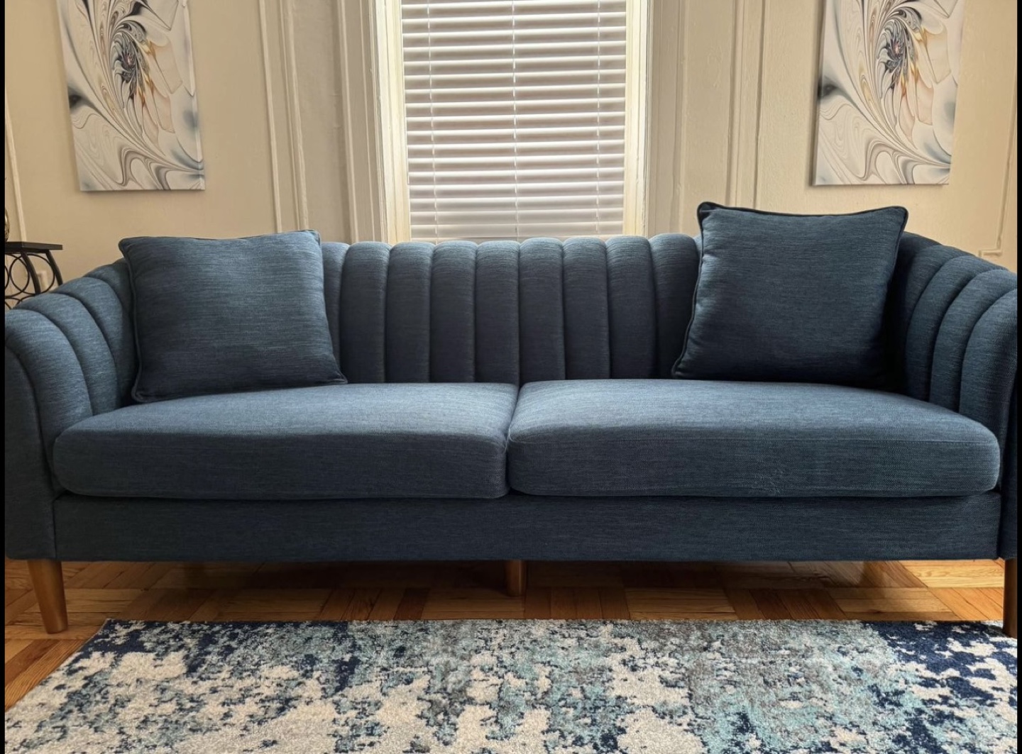 Blue Velvet Channel Back Sofa - photo 2