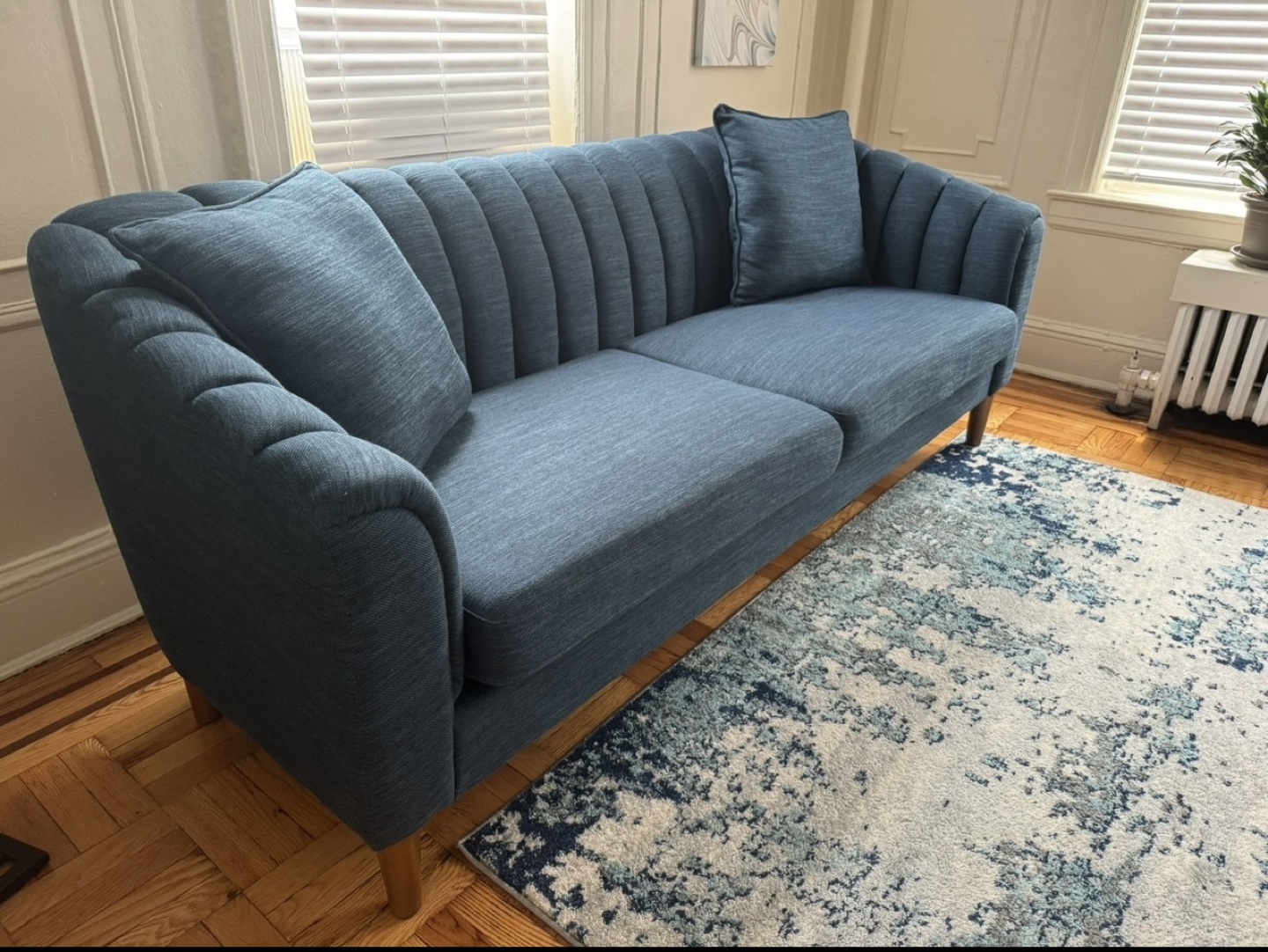 Blue Velvet Channel Back Sofa