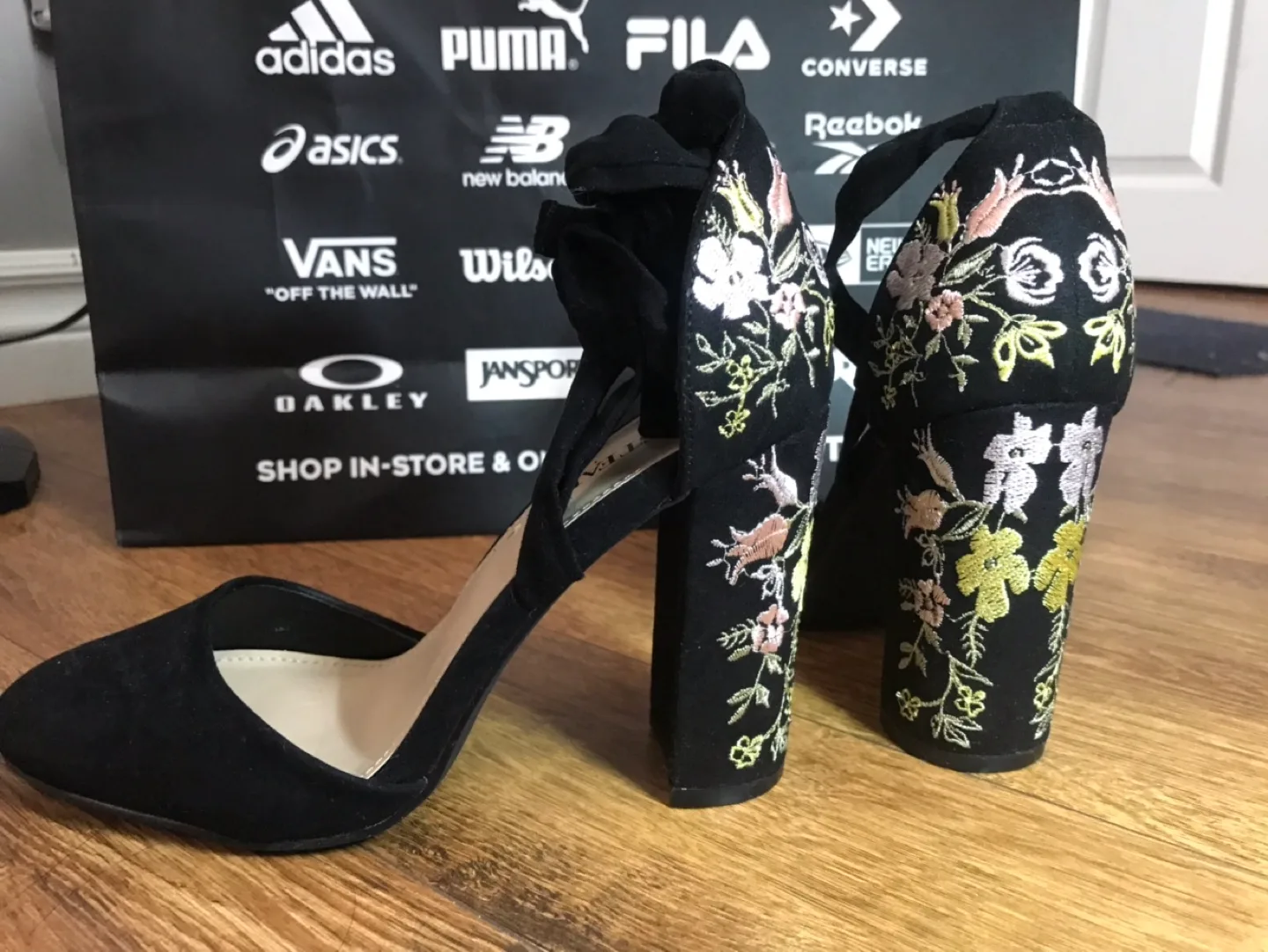 Black Suede Floral Embroidered Heels image indicator(5)
