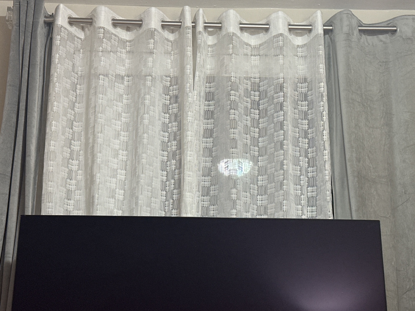 White Sheer Curtains & grey/silver velvet heavy curtain set of 4