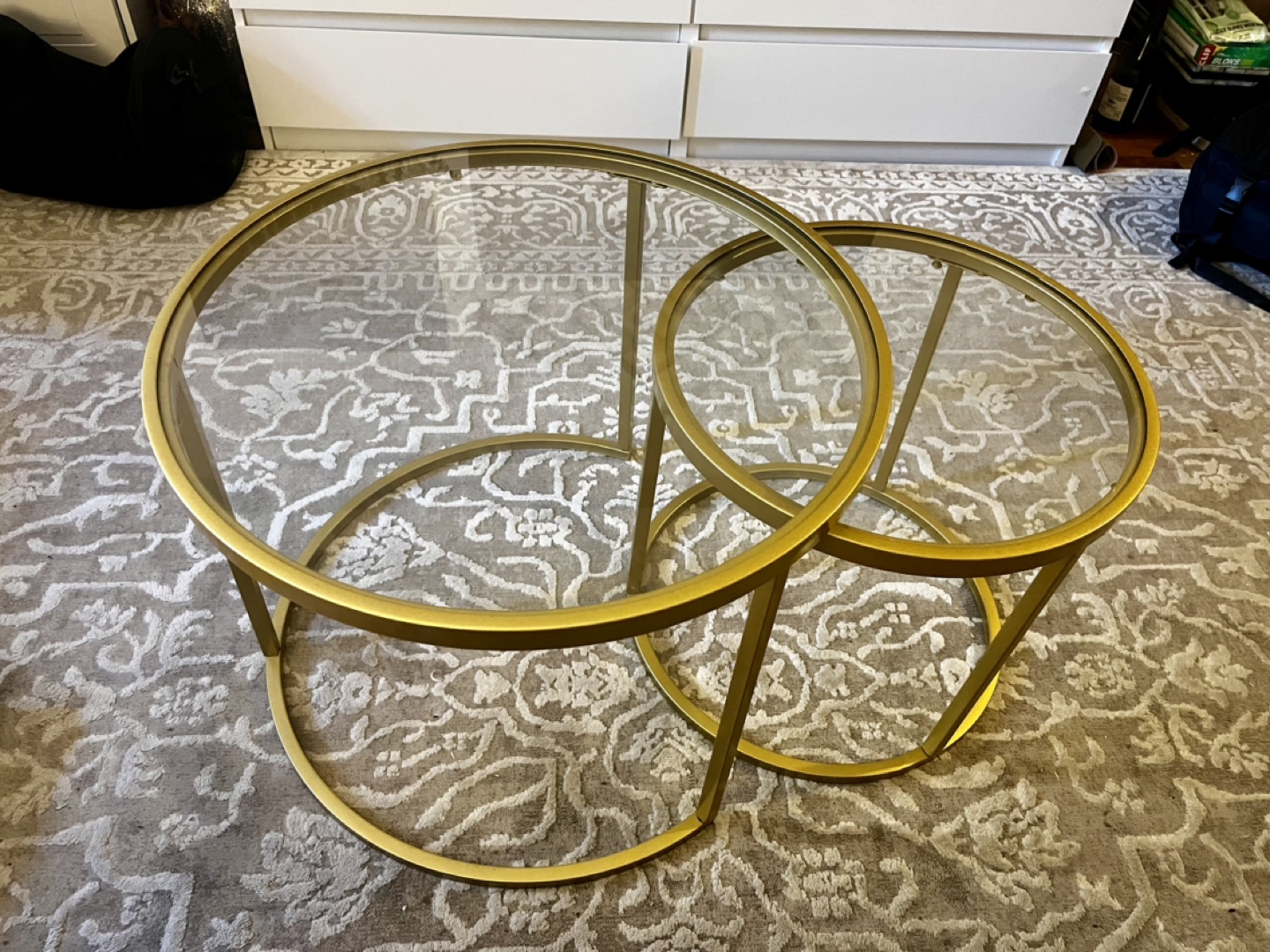 Gold Metal and Glass Nesting Tables (elevator in building!)