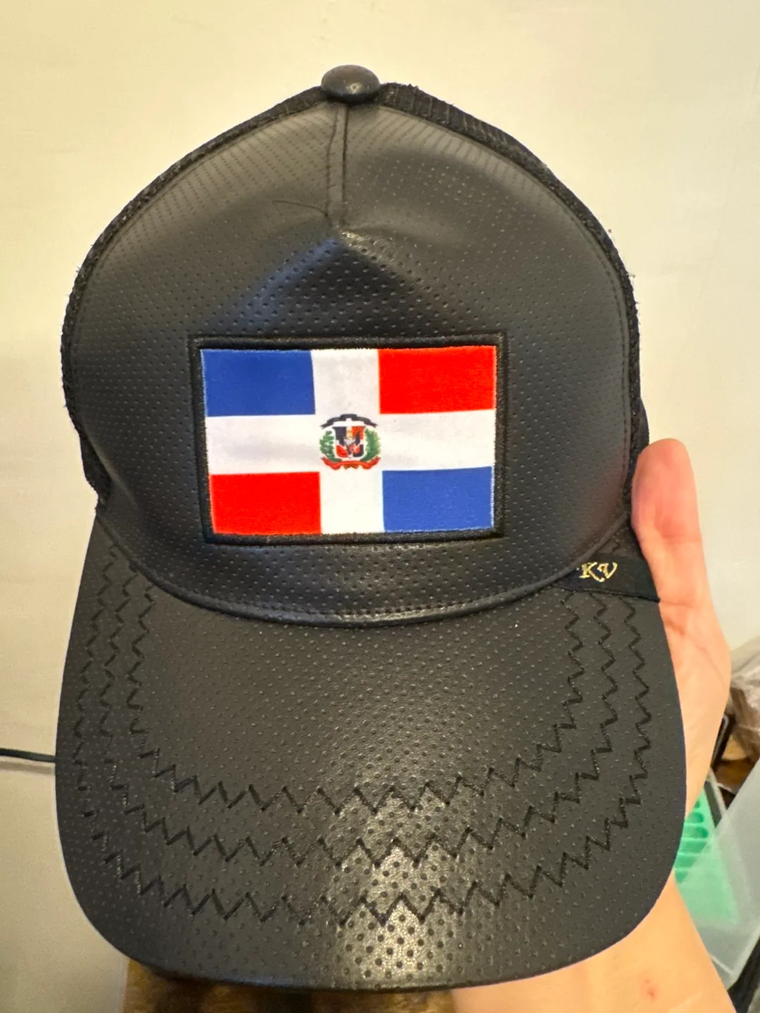 Dominican Republic Flag Black Leather Trucker Hat thumbnail
