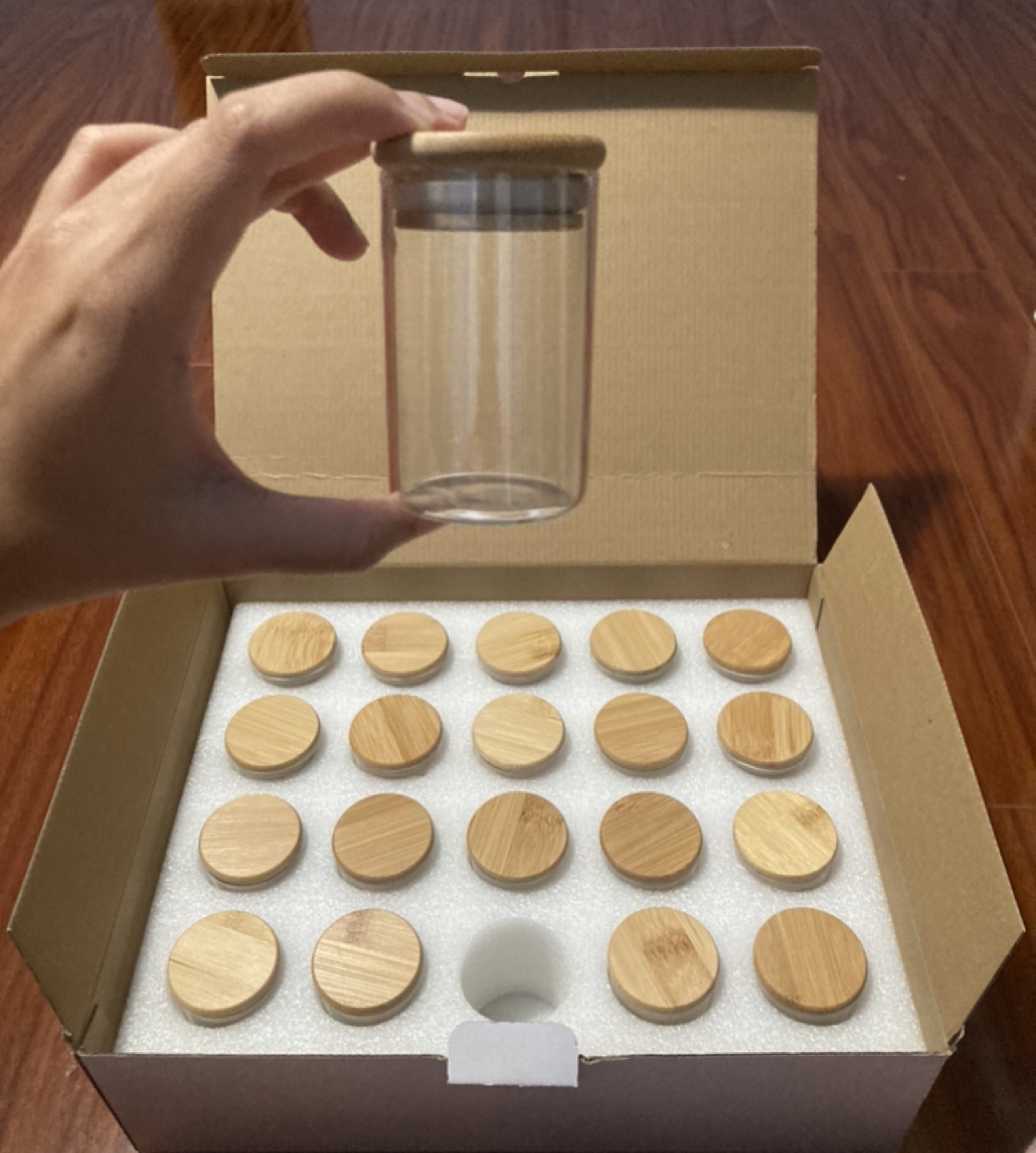 20 Small Cylindrical Glass Spice Jars with Bamboo Lids