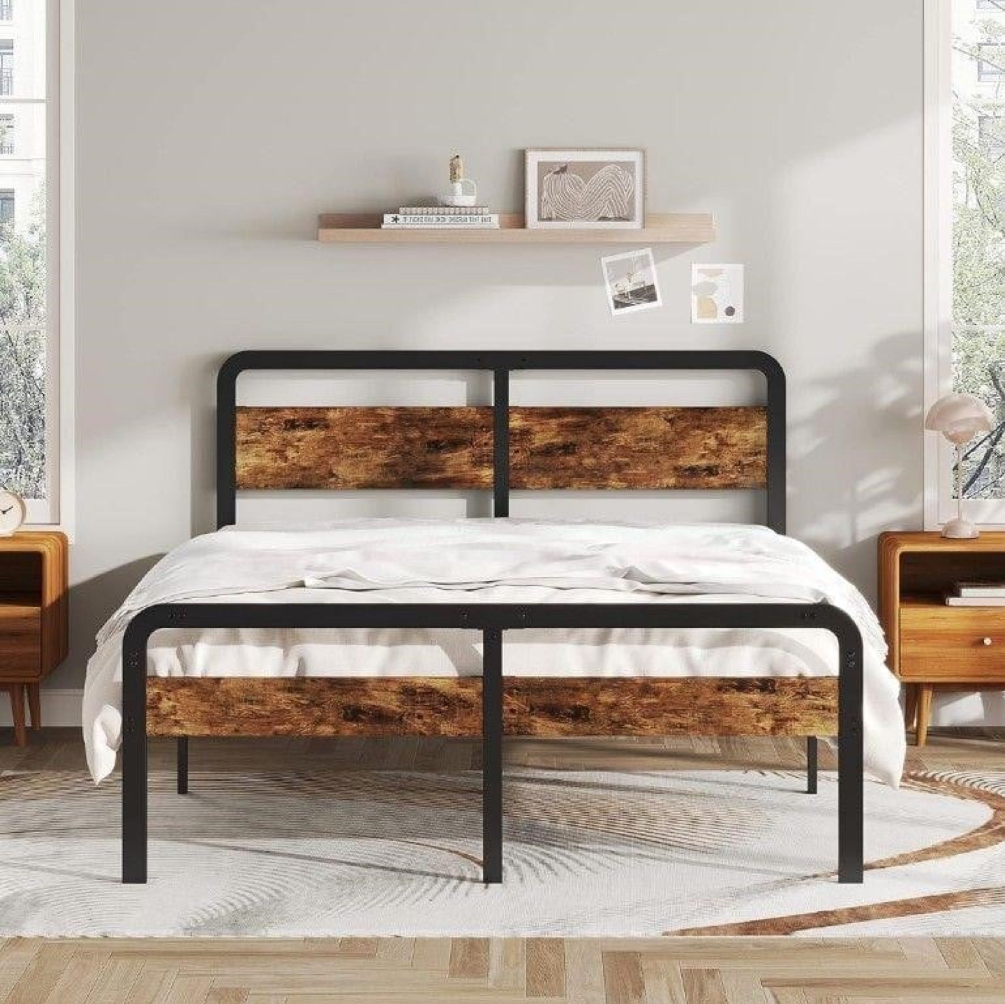 Queen Metal Bed Frame with Wood Headboard