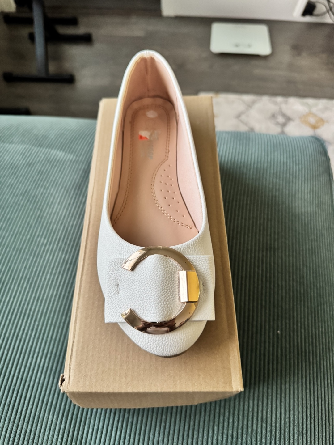 White Flat Shoes with Gold Buckle - photo 2