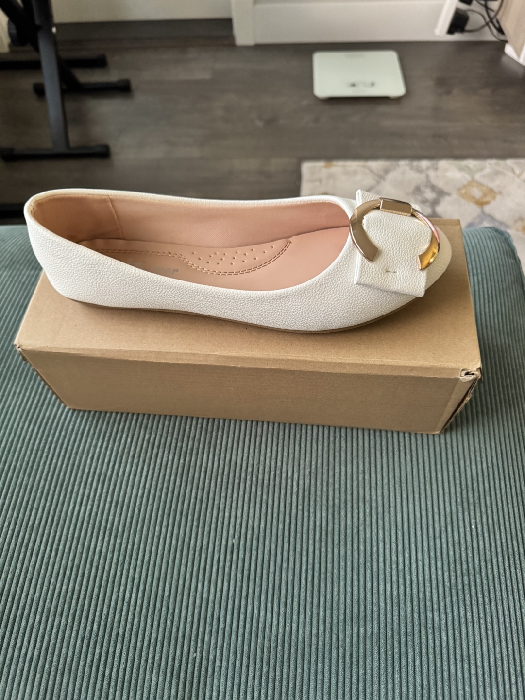 White Flat Shoes with Gold Buckle