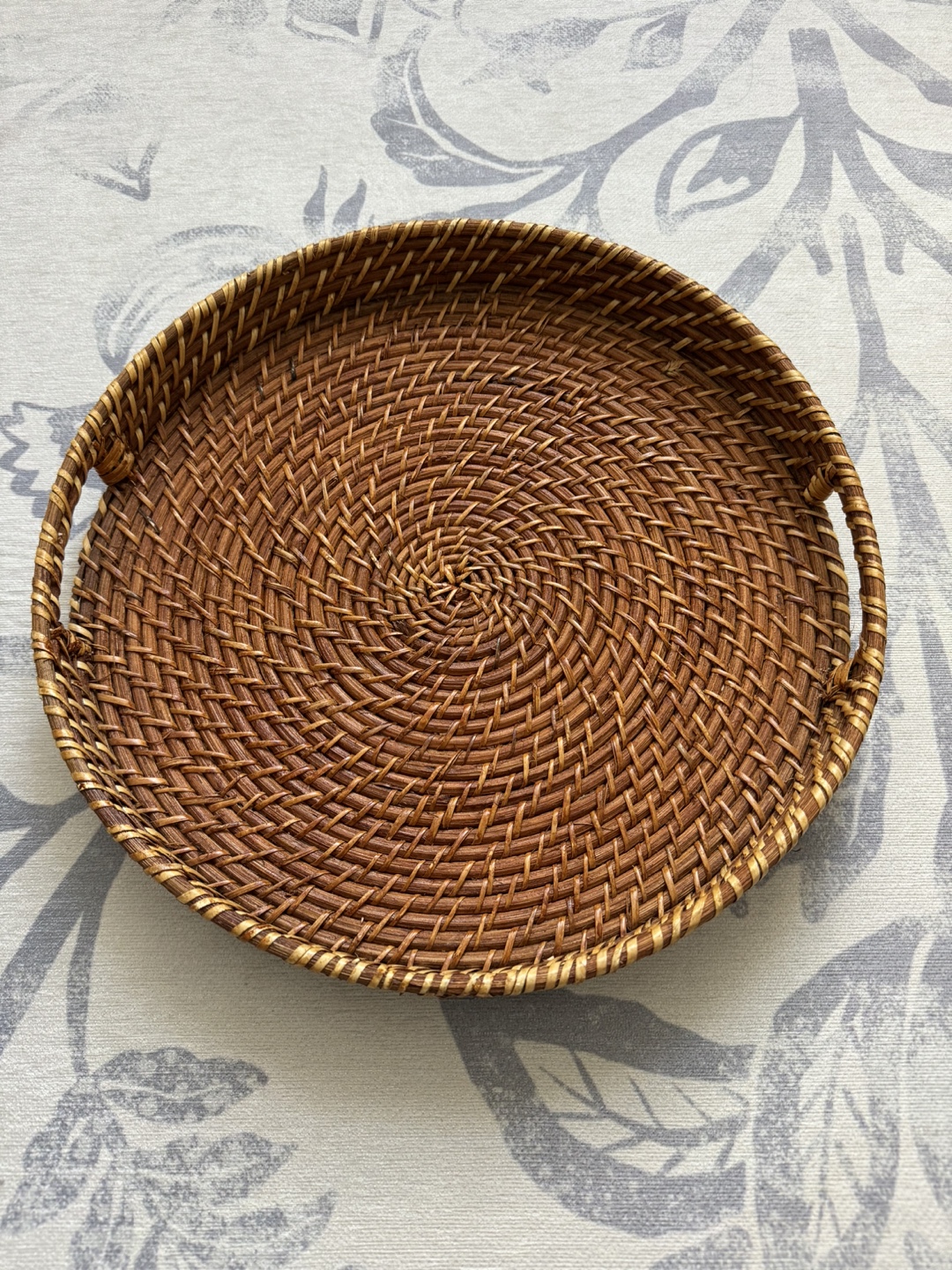 Round Rattan Wooden Tray with Handles