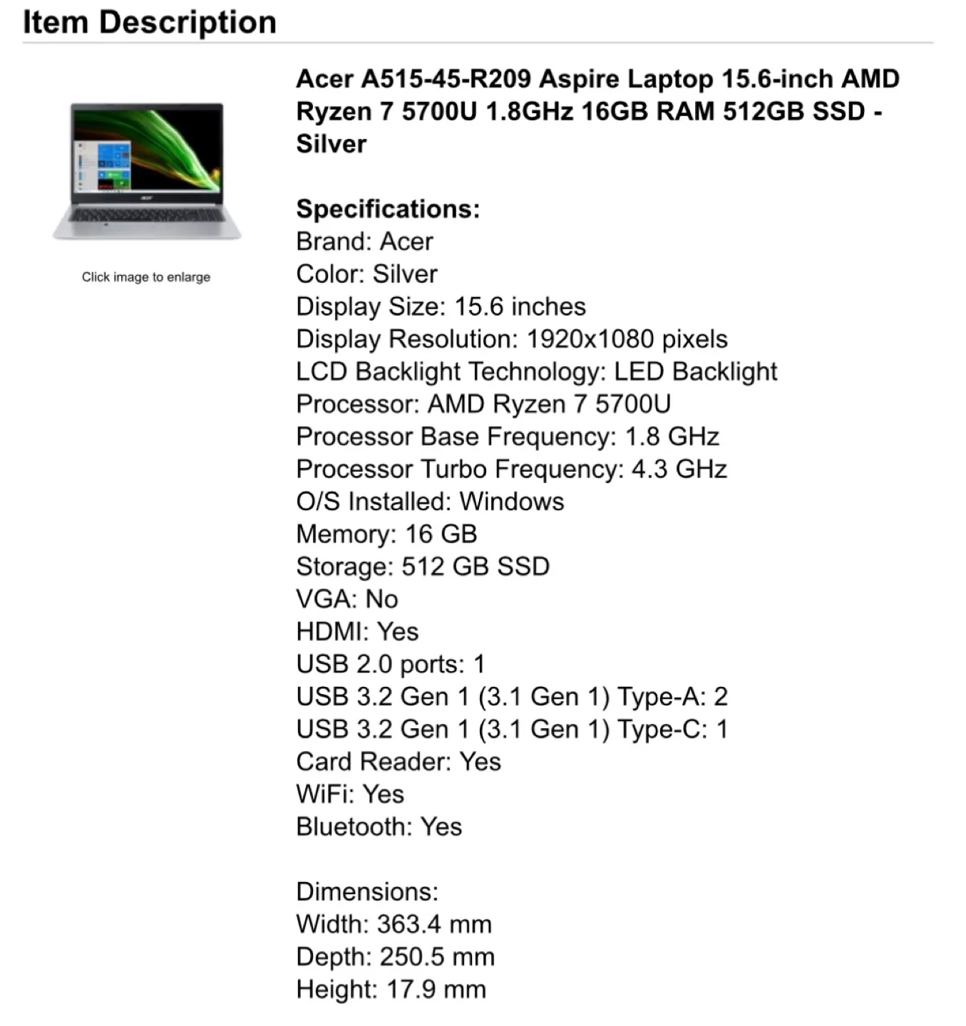 DU $904 Acer A515 Aspire Laptop 15.6” AMD Ryzen 7 16GB RAM 512GB image indicator(8)
