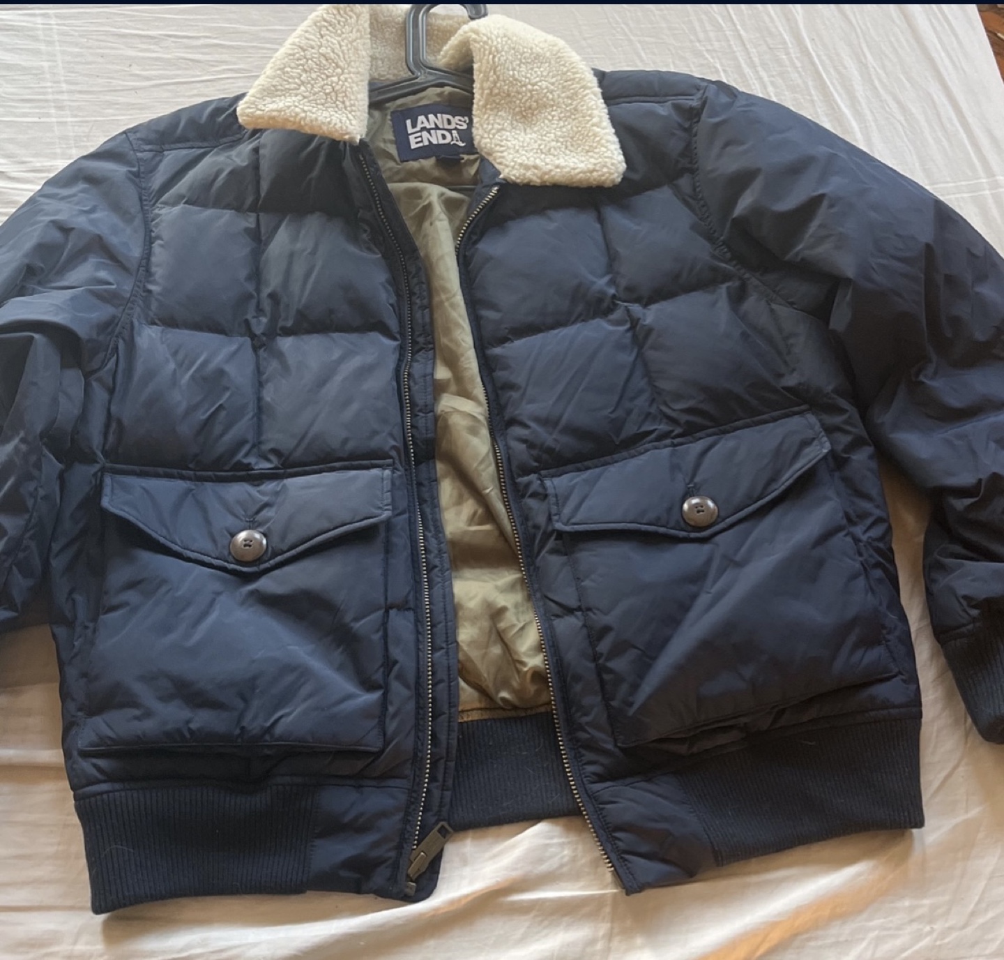 Lands' End Men's Navy Blue Puffer Jacket with Sherpa Collar