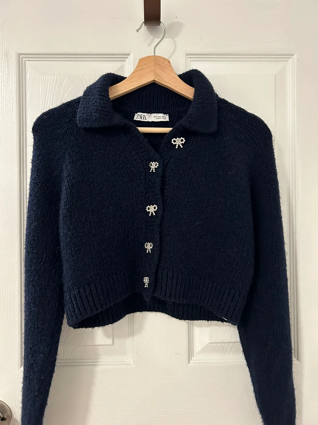Zara Blue Cropped Cardigan with Rhinestone Bow Buttons thumbnail