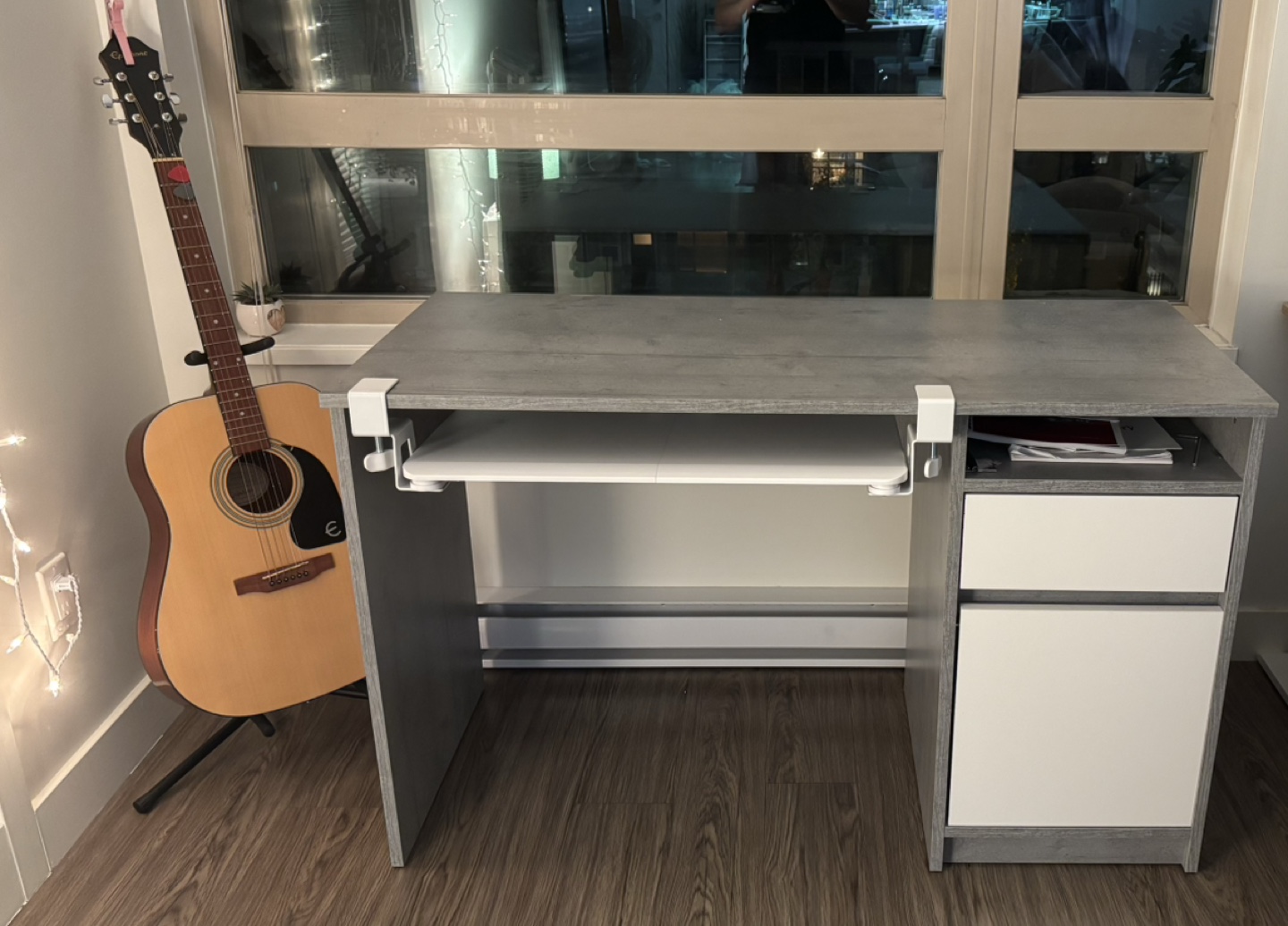 Grey Computer Desk with Drawer and Keyboard Tray