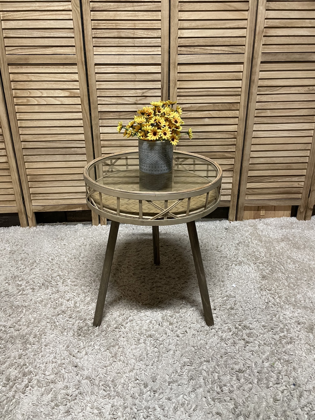 Round Accent Table with Glass Top and Woven Base