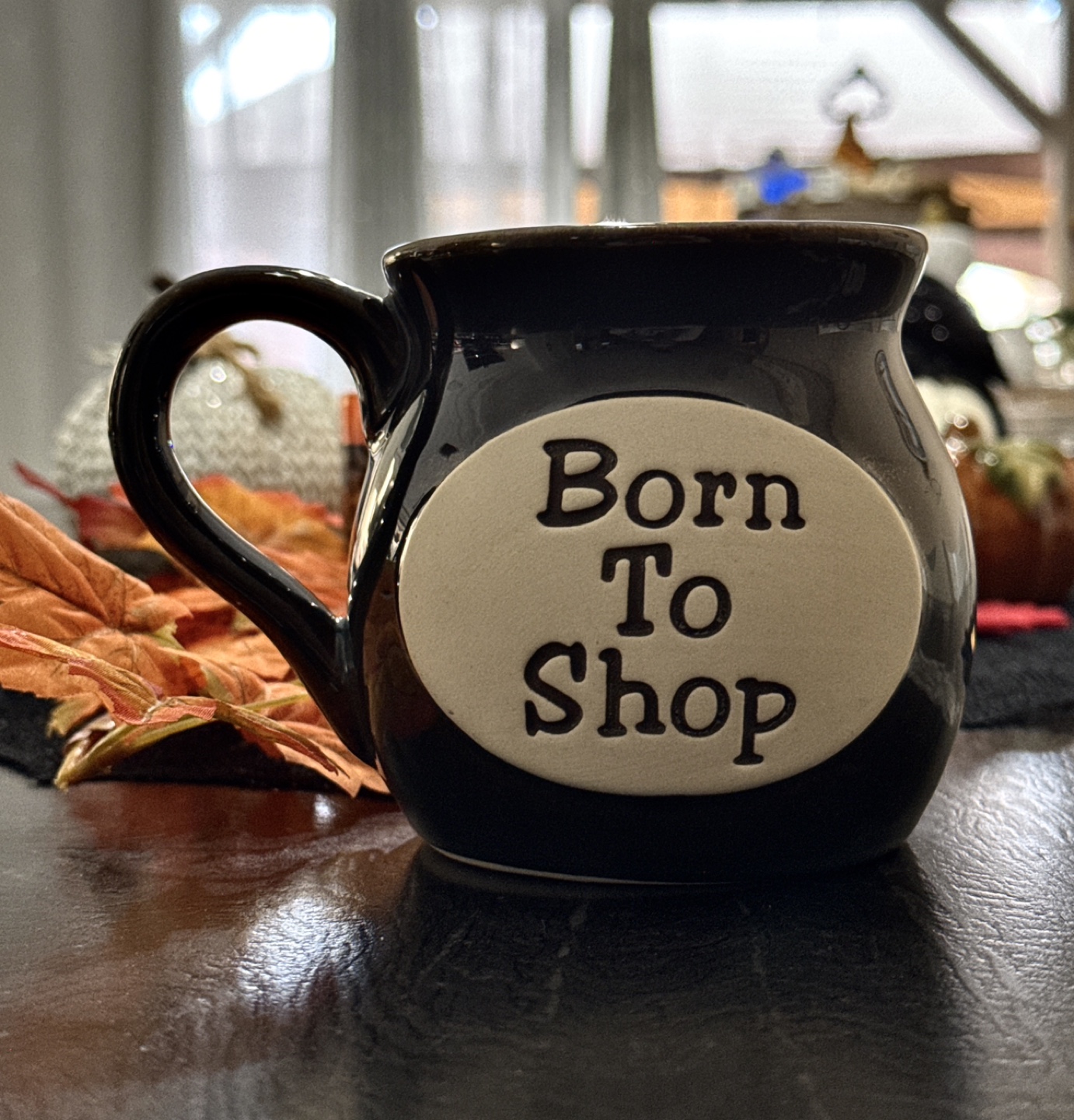 Black Mug with "Born to Shop" Saying