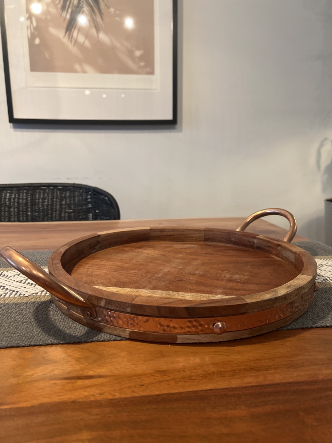 Round Wooden Serving Tray with Copper Trim