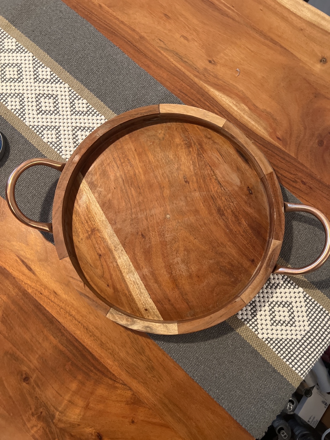 Round Wooden Serving Tray with Copper Trim - photo 2