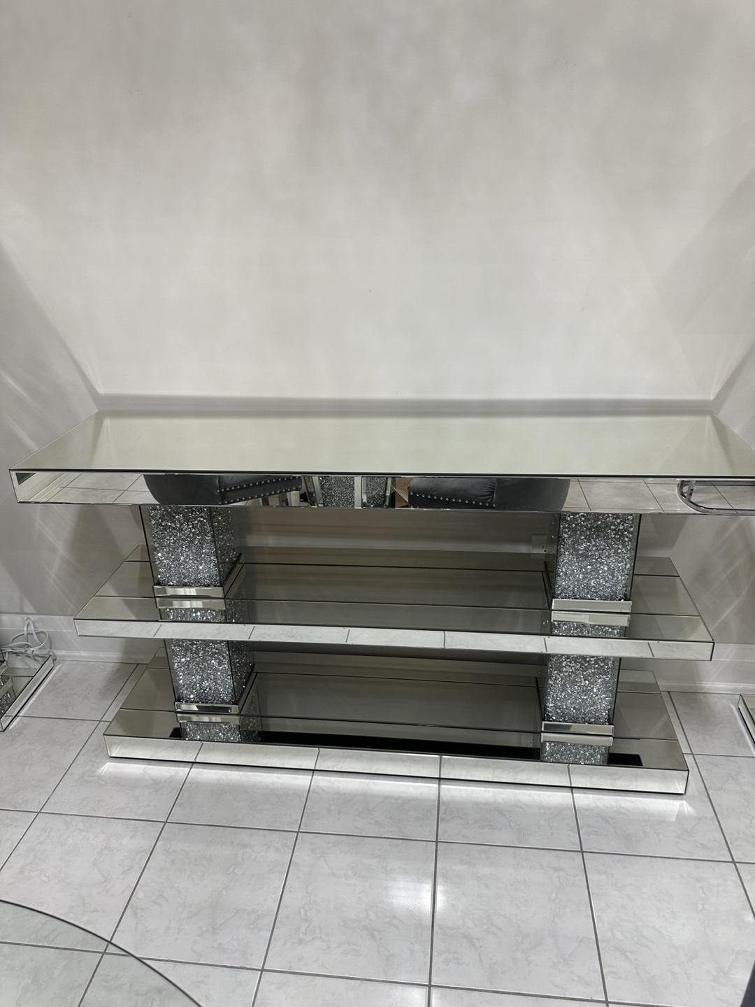 Mirrored Three-Tier Console Table with Crystal Accents